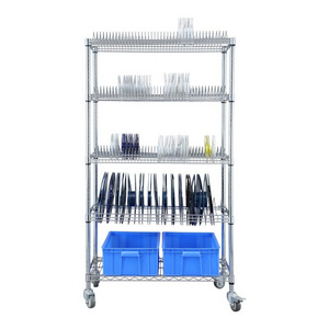 Carbon Steel SMD SMT ESD PCB Reel Shelf 5 tiers Chrome Wire Storage Shelving Rack Trolley Cart