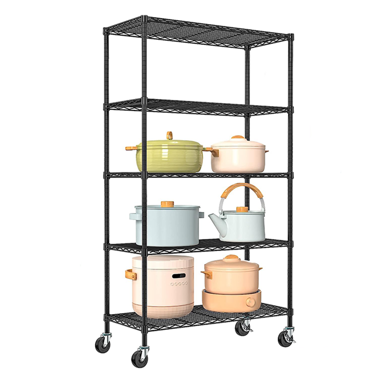 Popular Product Adjustable Height  5 Tiers Garage Wire Shelf Metal Shelving Unit Heavy Duty Rack With Wheels