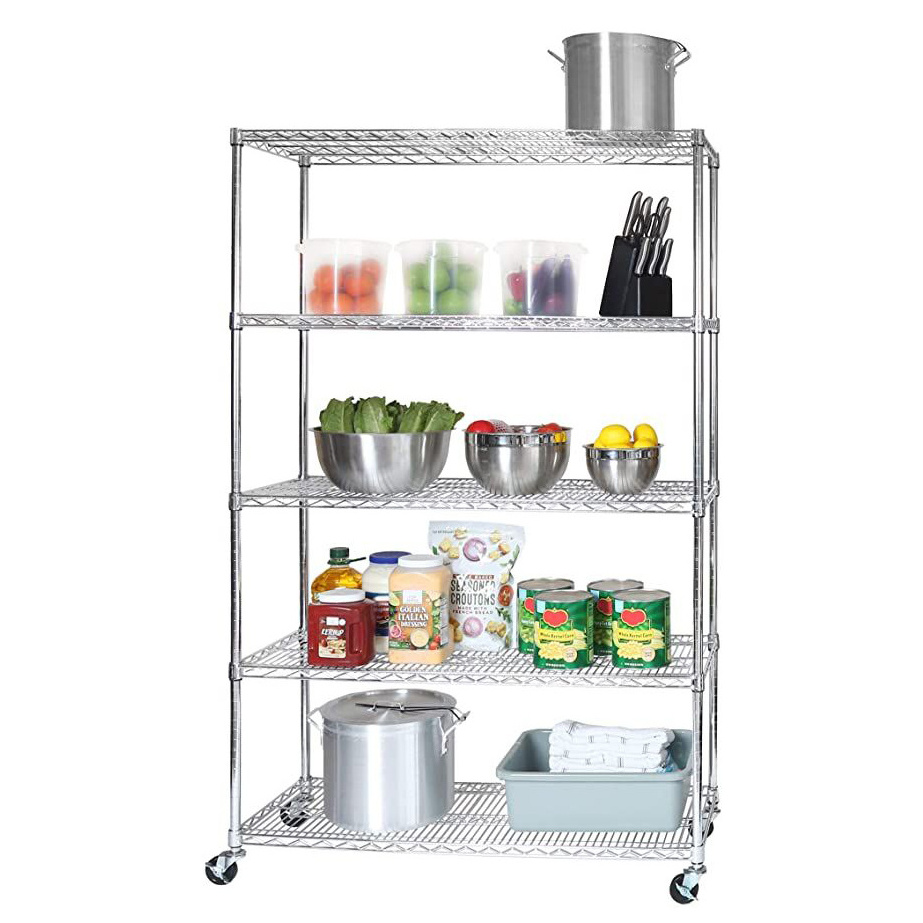 High Quality Adjustable 4 Layers Kitchen Storage Trolley Wire Shelving Trolley Cart Shelving On Wheels