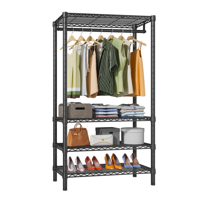 Custom Made Black Clothes Display Stand Metal Hanger Garment Rack 4 Tiers Adjustable Wire Shelving Clothing Display Rack