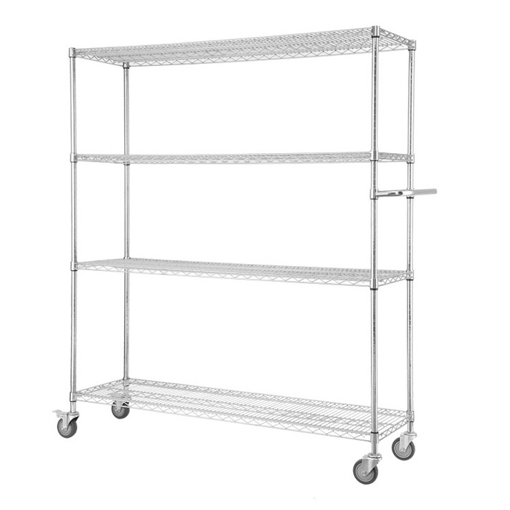 High Quality Adjustable 4 Layers Kitchen Storage Trolley Wire Shelving Trolley Cart Shelving On Wheels