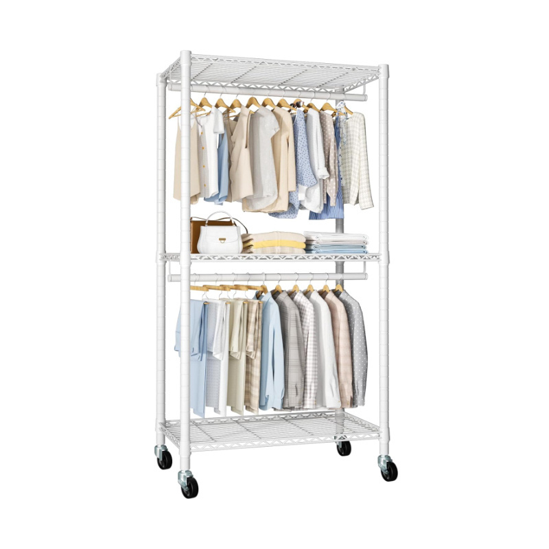 Portable Closets Modern Storage Rack Rolling Heavy-Duty Garment Rack 3 Layer Rolling Heavy-Duty Garment Rack