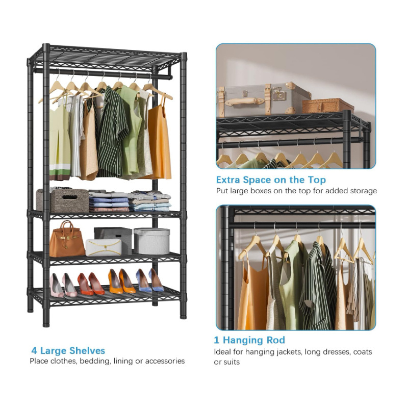 Custom Made Black Clothes Display Stand Metal Hanger Garment Rack 4 Tiers Adjustable Wire Shelving Clothing Display Rack