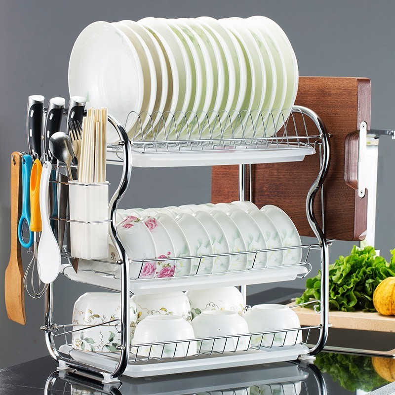 Freestanding kitchen set 3 tiers B shape organizer rack bowl knife dish drying rack metal kitchen rack