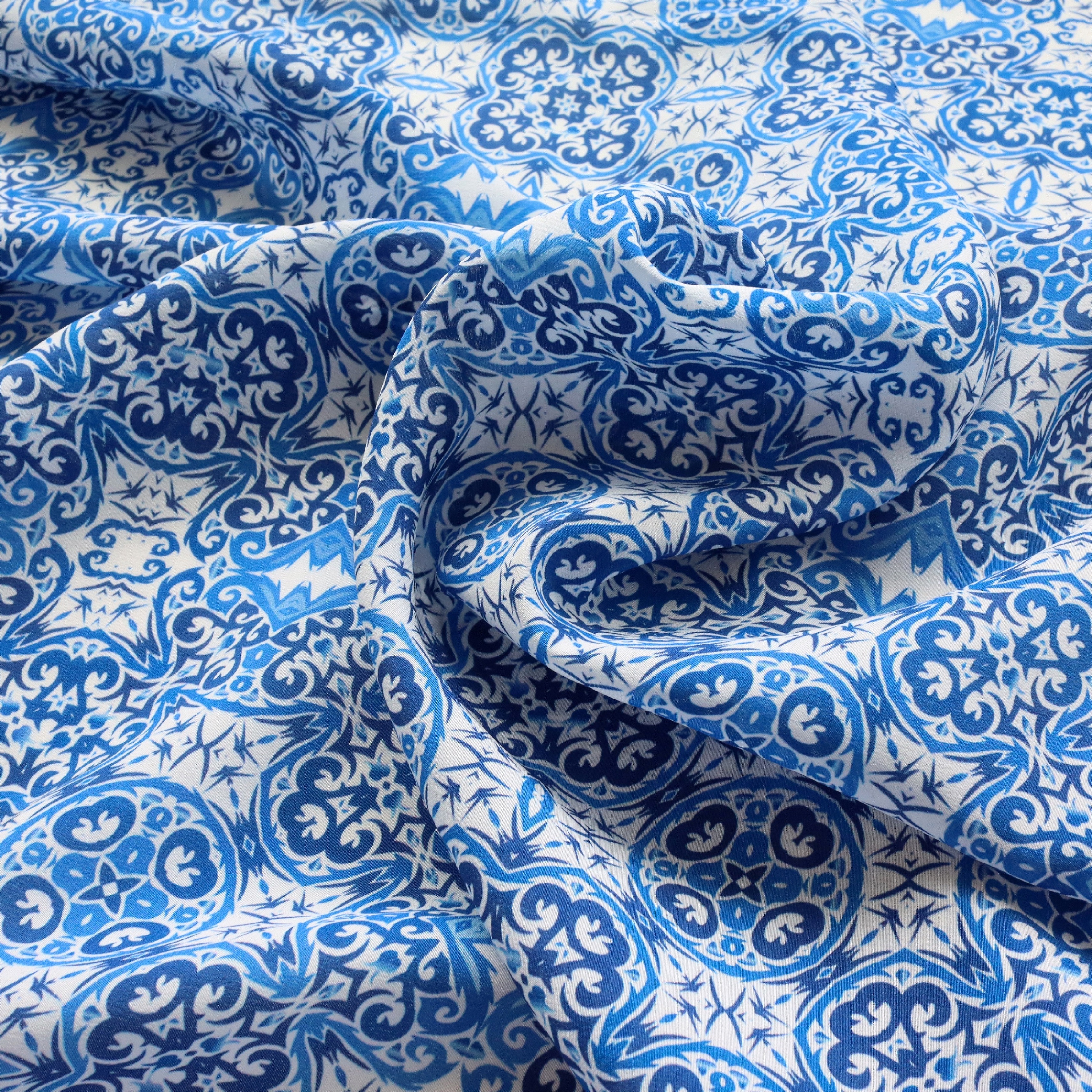 Thai Silk Fabric 14mm Crepe de Chine Customization Digital Print - Ethnic Pattern in Blue and White Shades