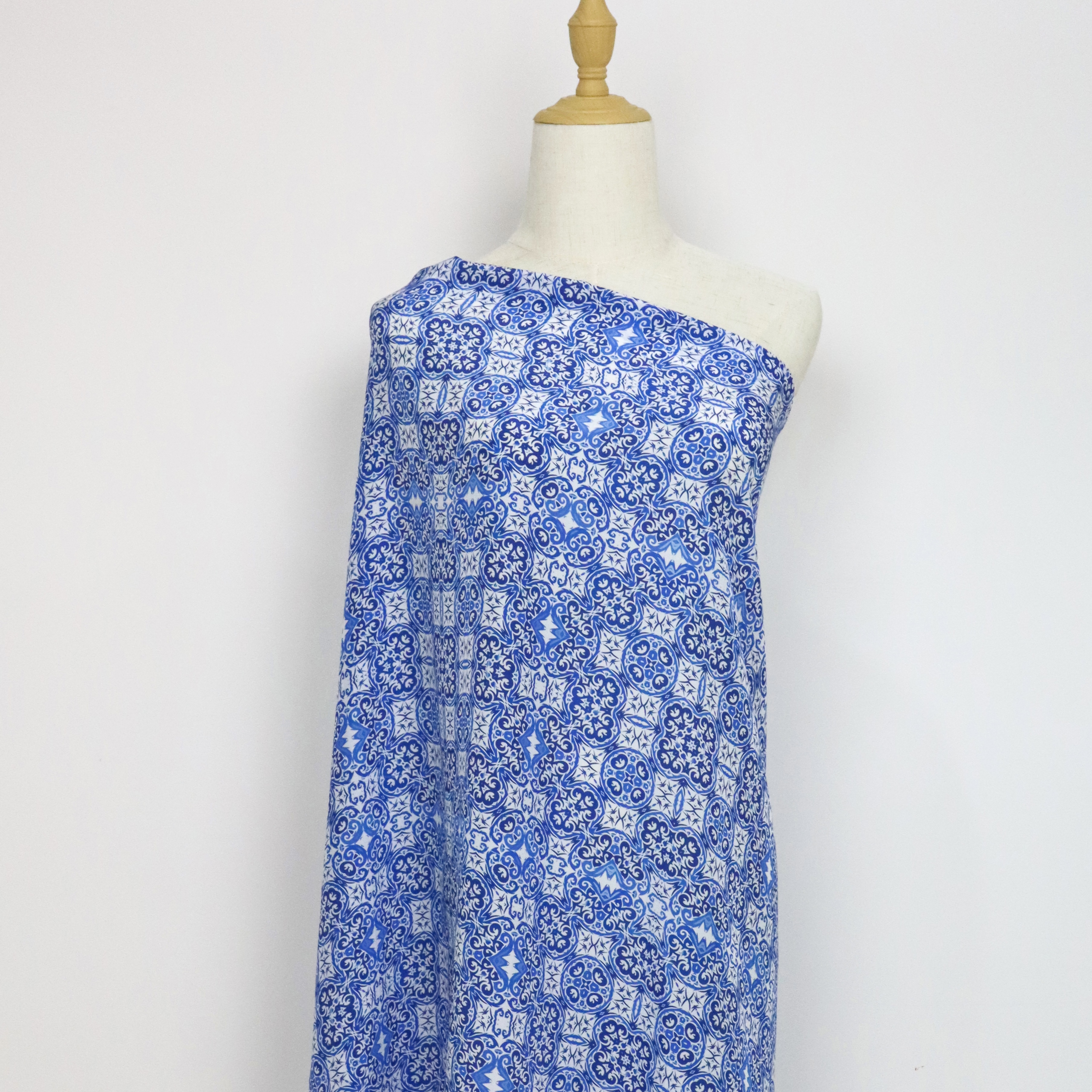 Thai Silk Fabric 14mm Crepe de Chine Customization Digital Print - Ethnic Pattern in Blue and White Shades