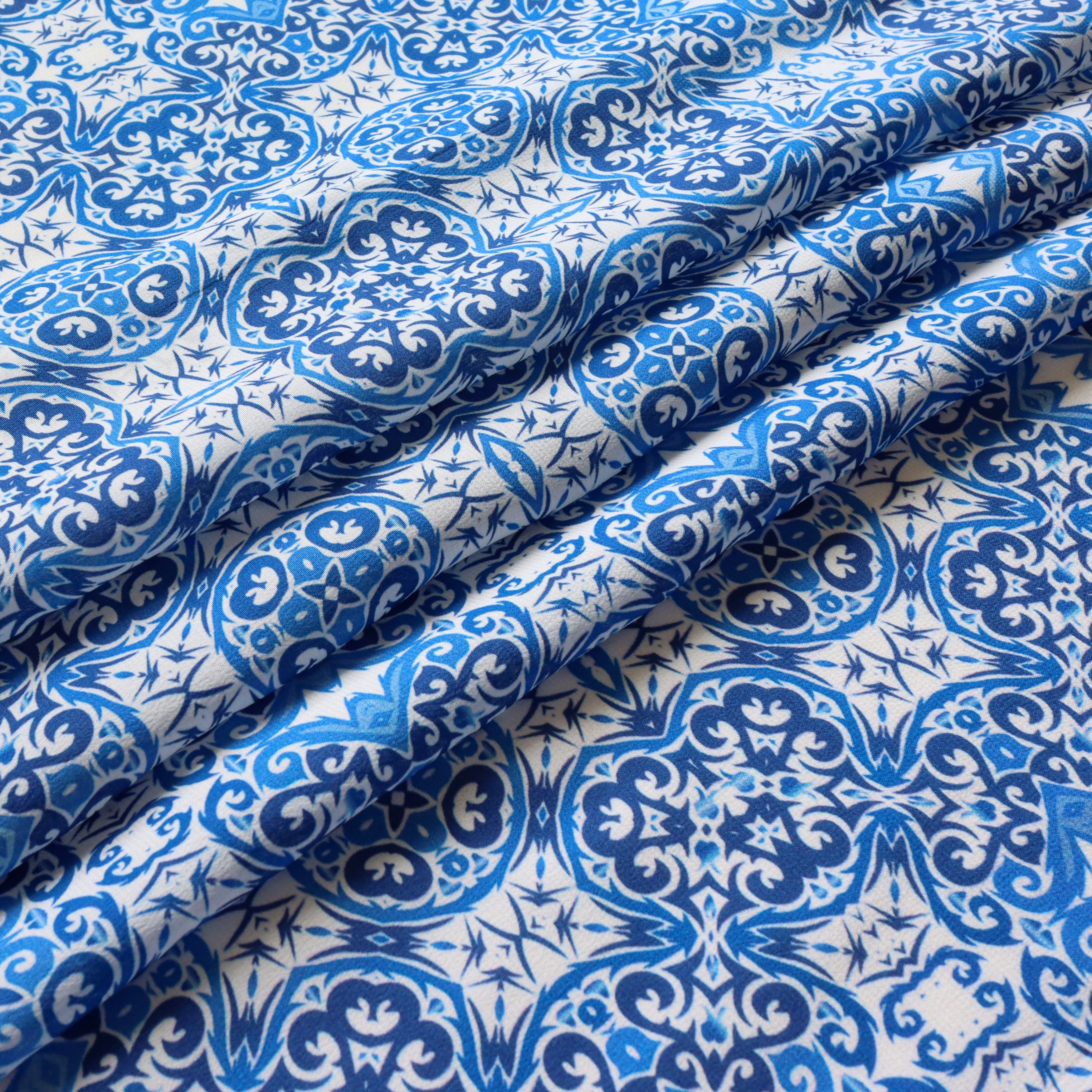 Thai Silk Fabric 14mm Crepe de Chine Customization Digital Print - Ethnic Pattern in Blue and White Shades