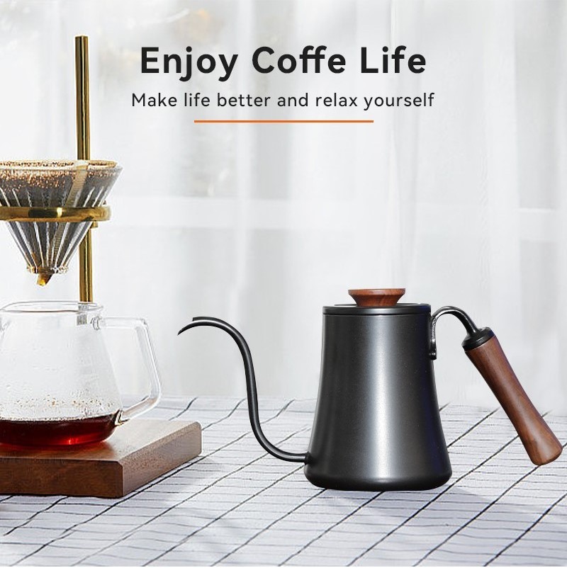 CF WISDOM Coffee pot with wooden handle pour over kettle 600ml Black white gooseneck coffee kettle coffee makers