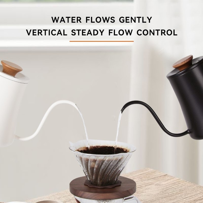 CF WISDOM Coffee pot with wooden handle pour over kettle 600ml Black white gooseneck coffee kettle coffee makers