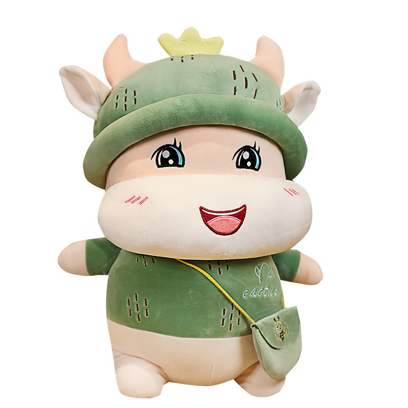 Custom Ox mascot dolls plush cute fruit cow wear hat backpack Stuffed Animal Pillow for Kids