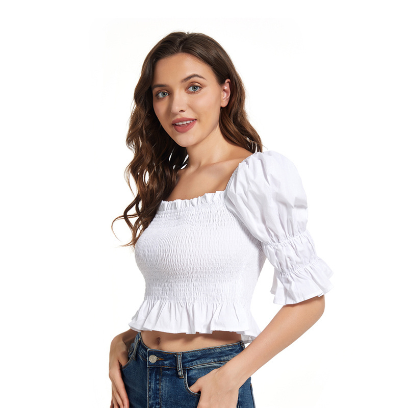 free shipping Woman Square Collar Puff Sleeve Bandage Ruched Crop Top Blouse Women Blouse Tops