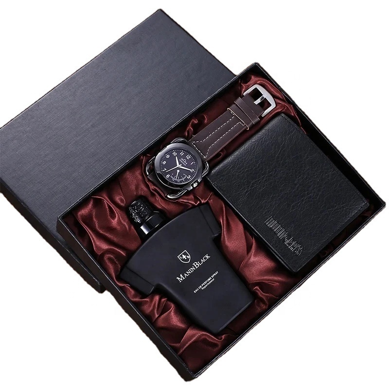 Men's Gift set Business Fashion square scale quartz watch set Fashion perfume wallet 3-piece set