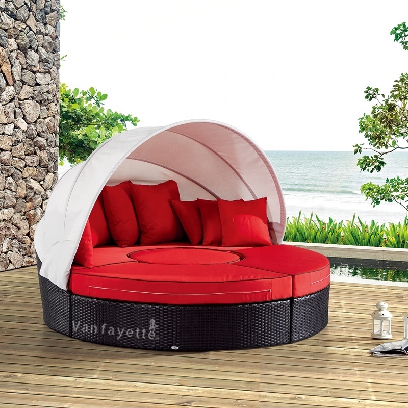 Beach Bed Sunbathing Cushion Round Rattan Canopy Rattan Daybeds for Sale Outdoor Daybed Round Rattan Lounge Bed Canopy Bed