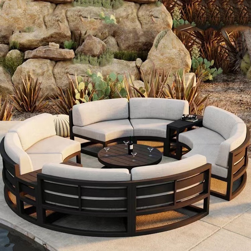 Metal Outdoor Sectional Black Metal Patio Furniture with Fire Pit Table Patio Set 6 Piece Patio Set