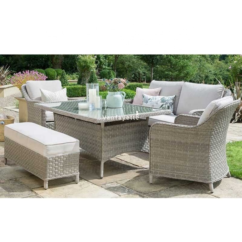 5 PC Patio Rattan Dining Room Set Outdoor Table and Bench Set 6 Person Patio Outdoor Dining Set with Bench