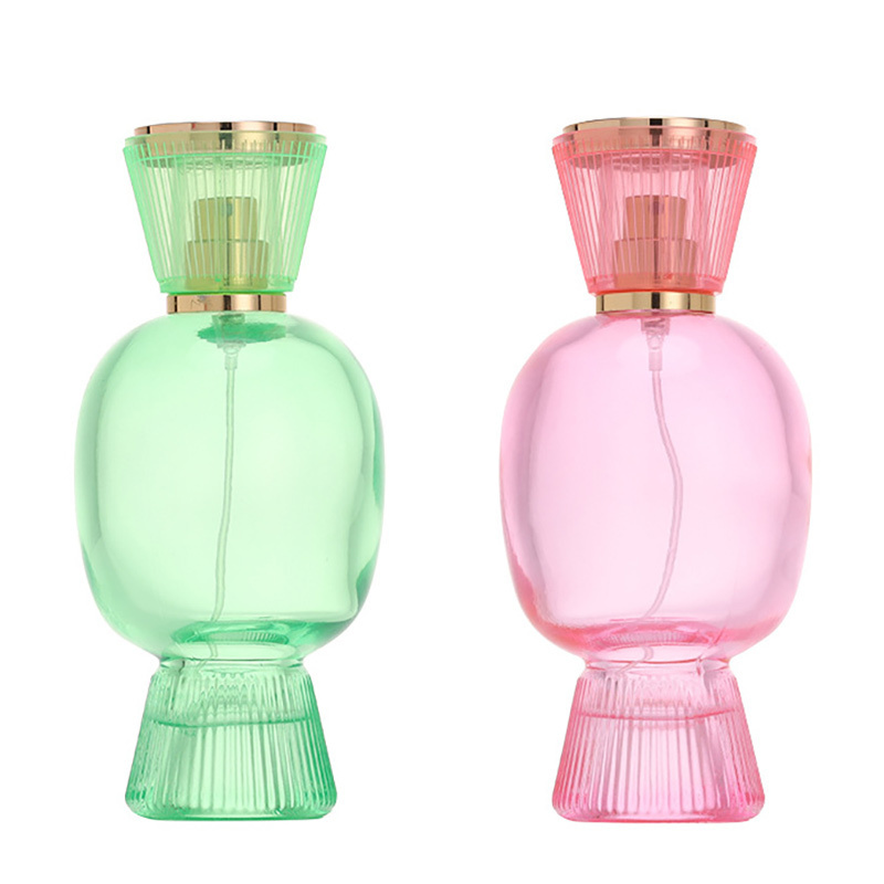 Custom Unique Cute Candy Shaped Pink Green Color Travel Perfume Spray Glass Bottle With FEA 15 mm Crimping Cap