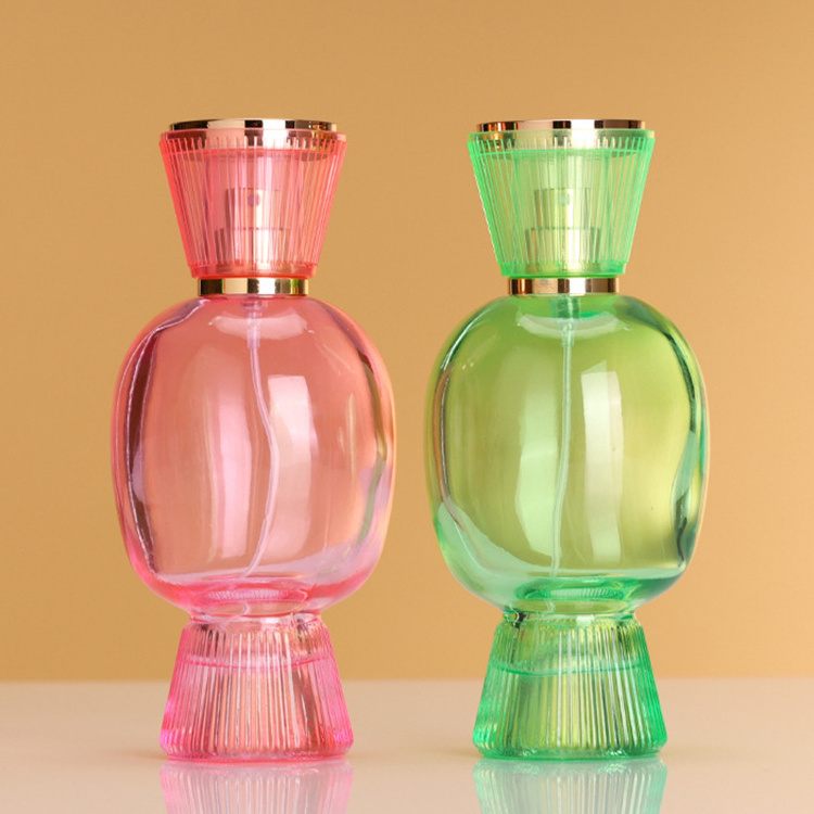 Custom Unique Cute Candy Shaped Pink Green Color Travel Perfume Spray Glass Bottle With FEA 15 mm Crimping Cap