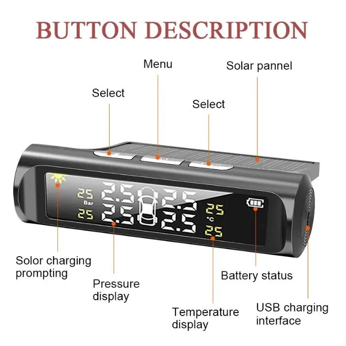 Solar power tyre digital LCD display auto security TPMS internal sensor tire pressure monitoring system for cars