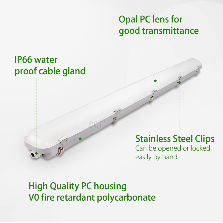 IP66 Wet Location Vapor Tight LED Fixture 2FT 4FT 20W 40W 60W 0-10V Dim 5 Years Warranty Triproof Light for Outdoor