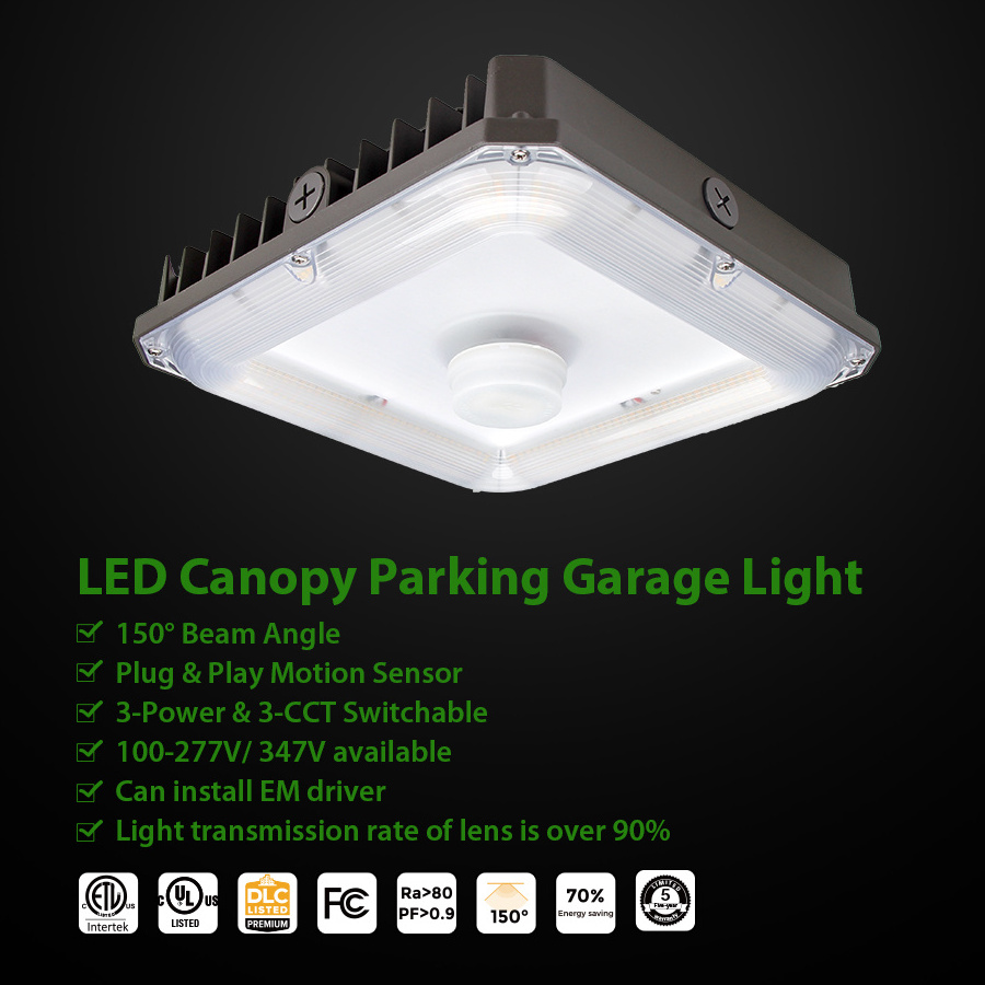 ETL DLC UL Parking Garage Light 150 Beam Angle with Sensor Square LED Canopy Light for Carport