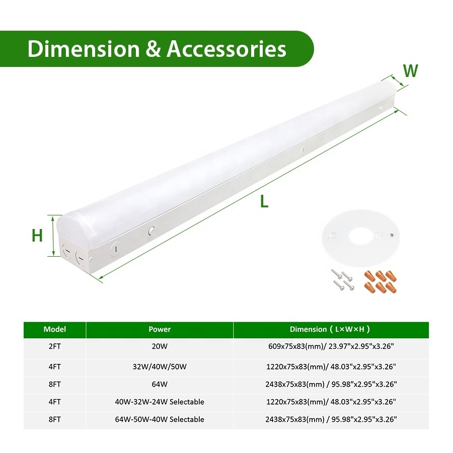 2FT 4FT 8FT Flush Mount Ceiling Tube Strip 0-10V Dim Led Linear Shop Light Fixture