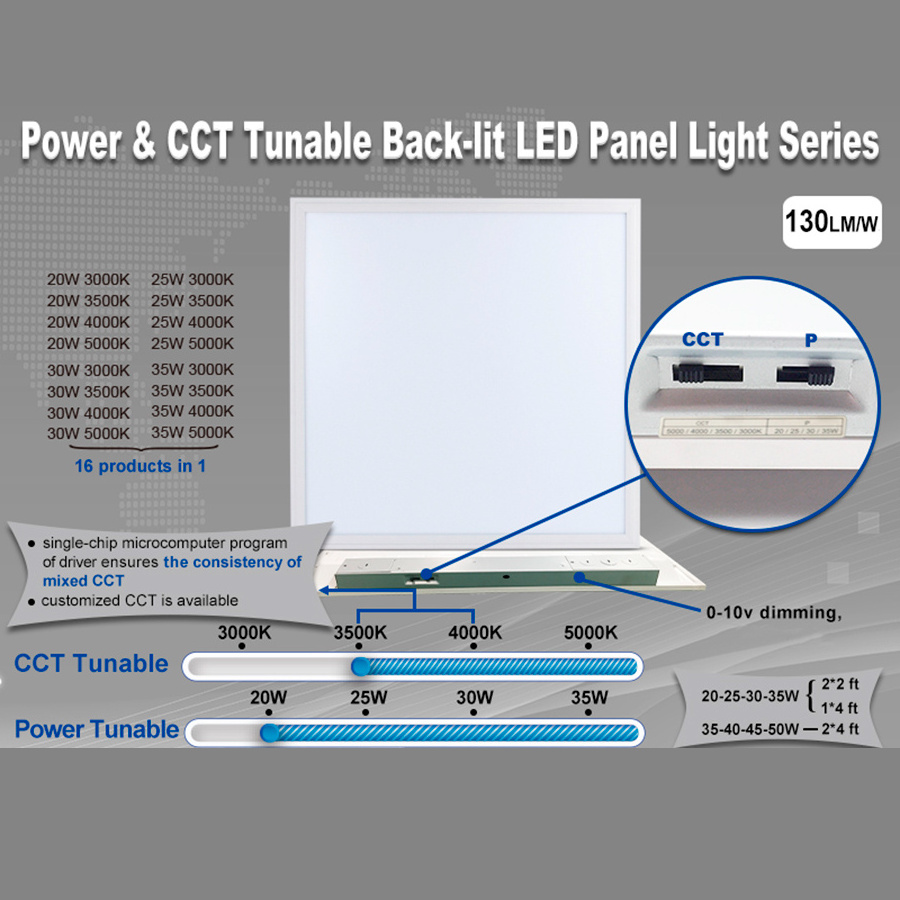 1x4 2x4 2x2FT 120LM/W 3Power 3CCT Switchable IP50 Dimmable LED Flat Panel Light