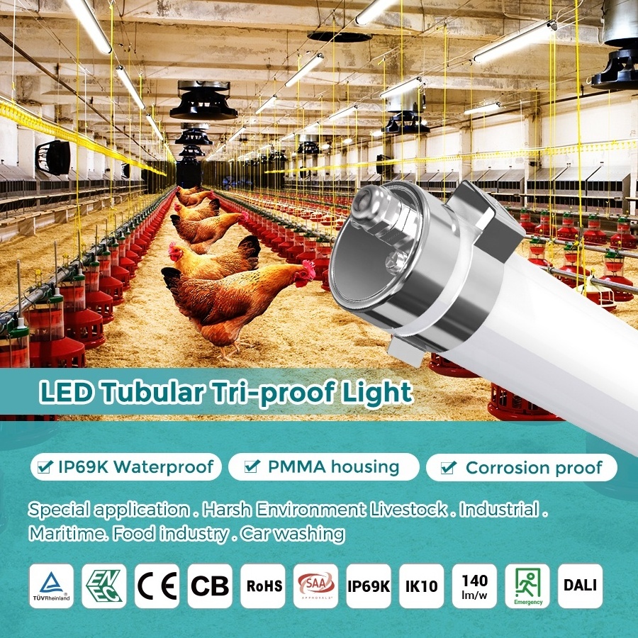 IP69K 0.6m 1.2m 1.5m Flicker-Free For Industrial Chicken Farm Lighting LED Tri-Proof Light