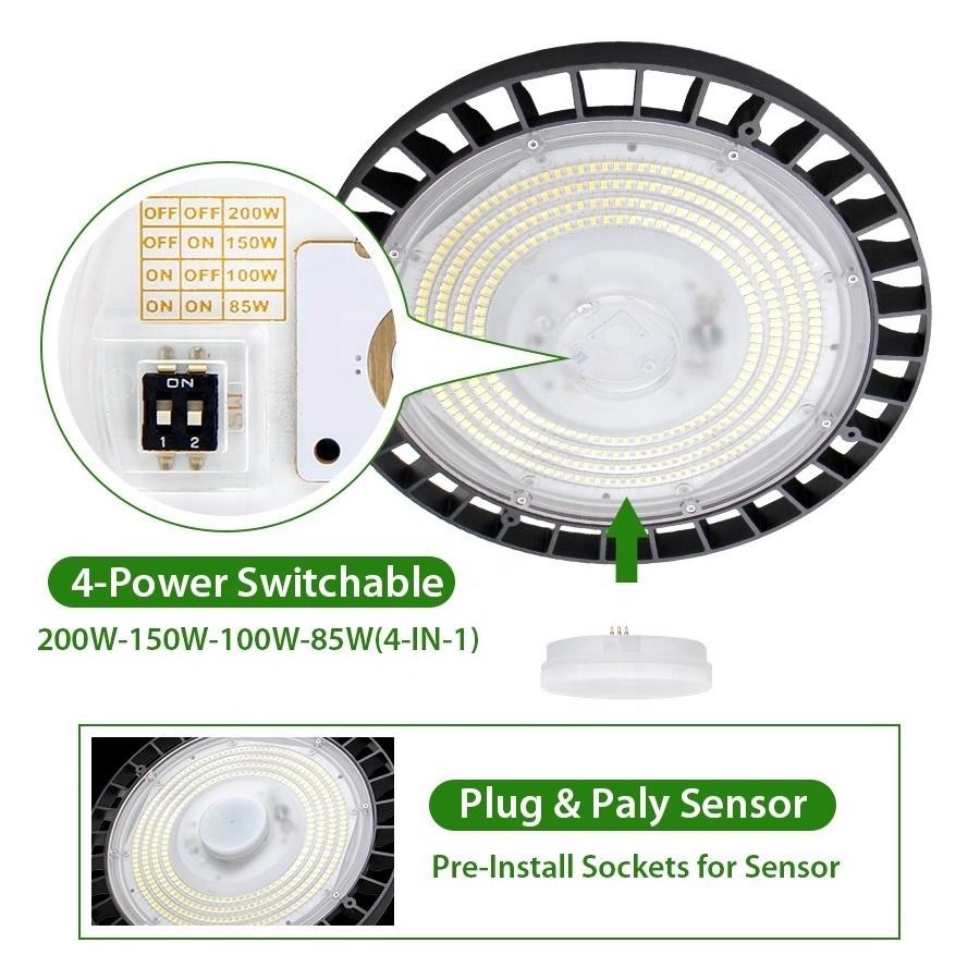 200W-150W-100W-85W Switchable Industrial IP65 High Bay UFO LED High Bay light for Workshop Warehouse Garage Shop Industry