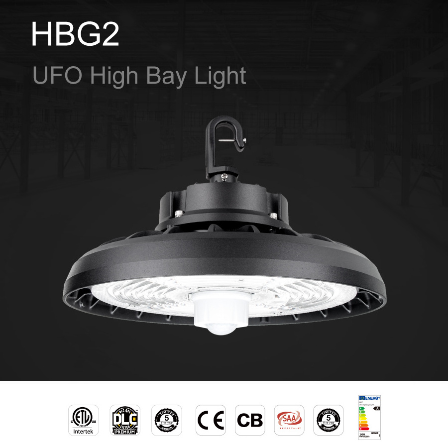 Factory Warehouse Industrial Lighting 100W 150W 200W 240W UFO Led High Bay Light with Black Housing DLC Premium