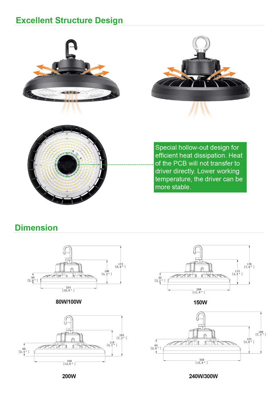 Factory Warehouse Industrial Lighting 100W 150W 200W 240W UFO Led High Bay Light with Black Housing DLC Premium