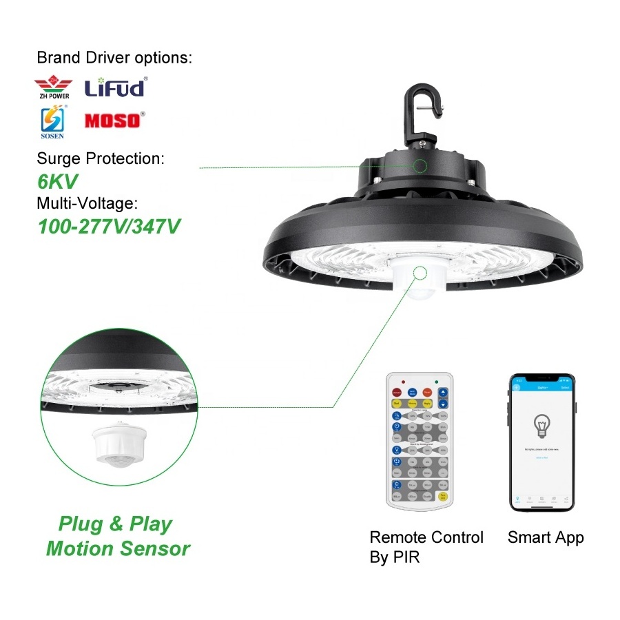 Factory Warehouse Industrial Lighting 100W 150W 200W 240W UFO Led High Bay Light with Black Housing DLC Premium