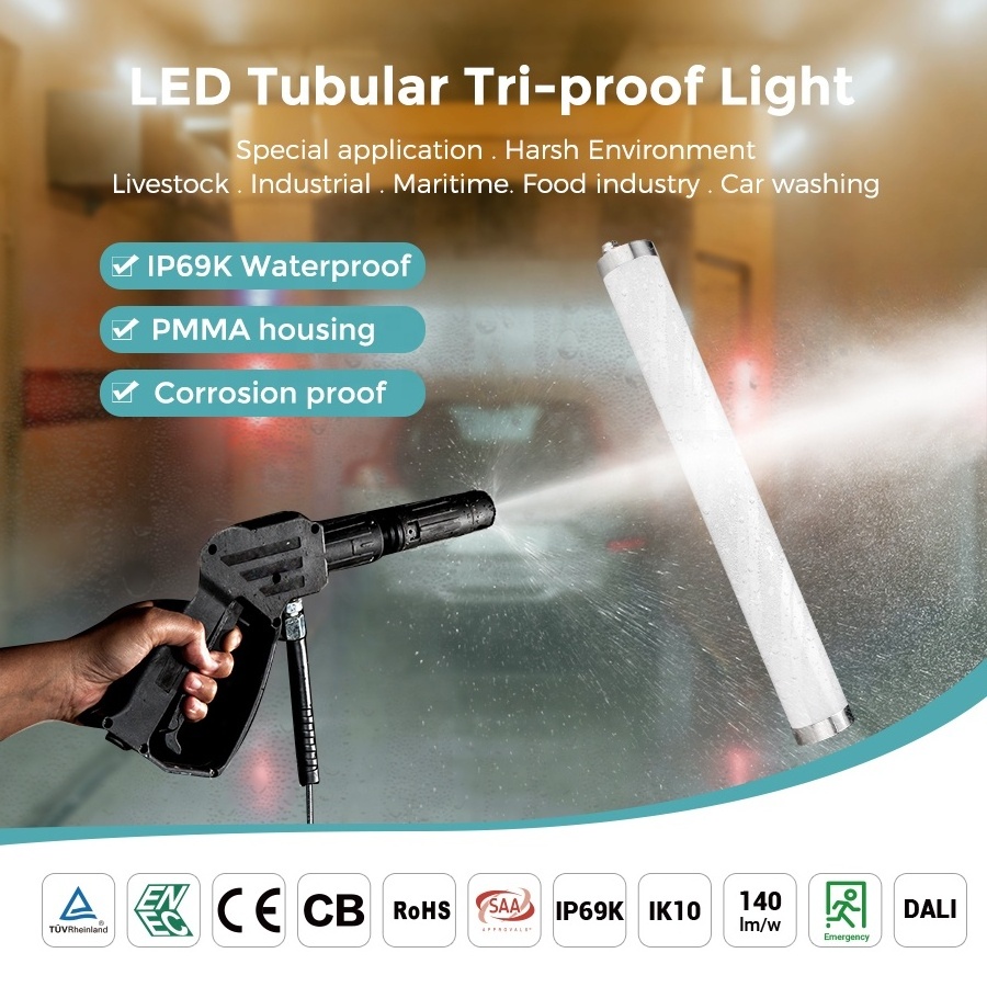 High-End Tube Light 600mm 1200mm 1500mm PMMA Cover IP69K Waterproof Flicker Free 150lm/w 20W 40W 60W LED Tri-proof Light