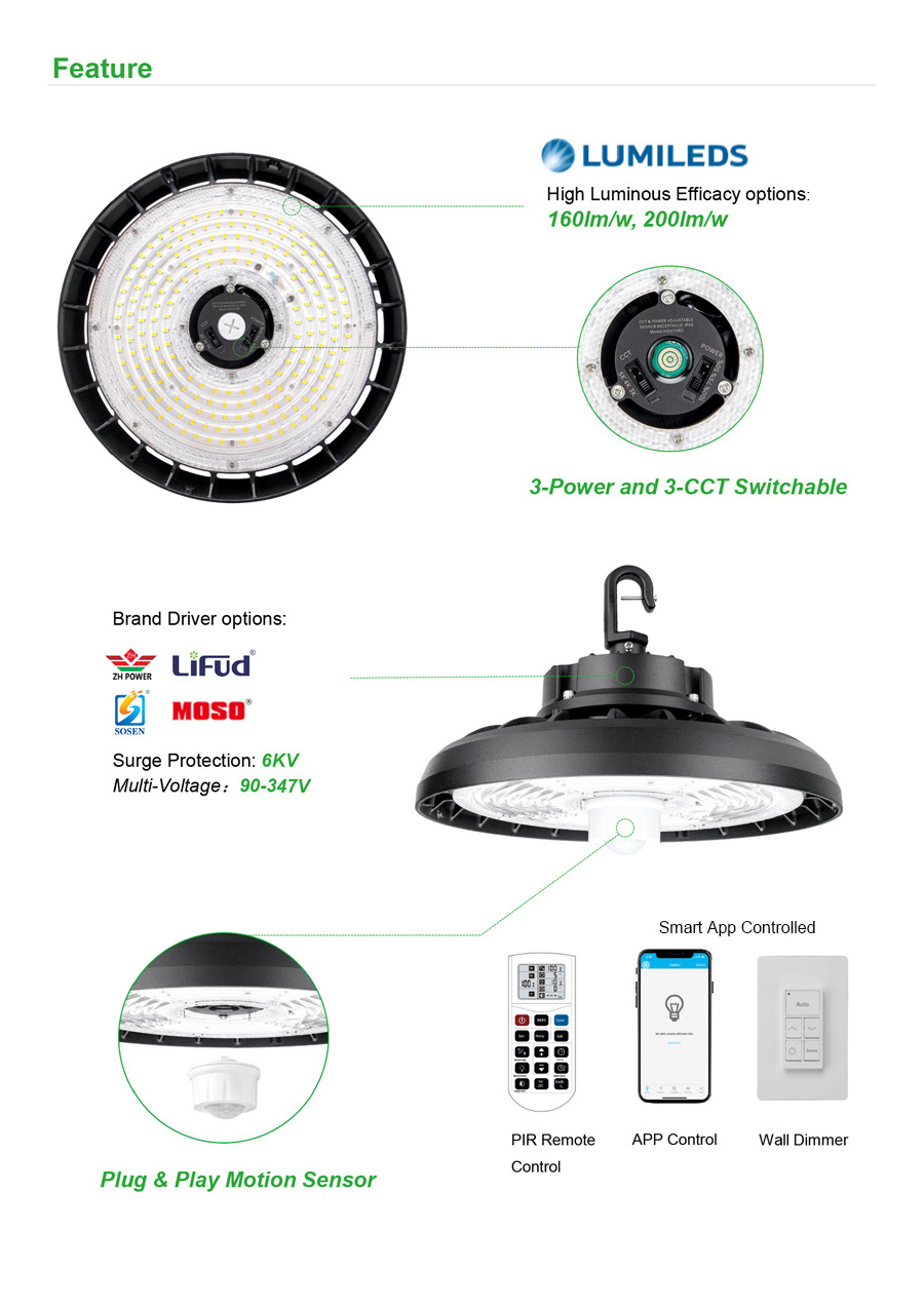 Factory Warehouse Industrial Lighting 100W 150W 200W 240W UFO Led High Bay Light with Black Housing DLC Premium