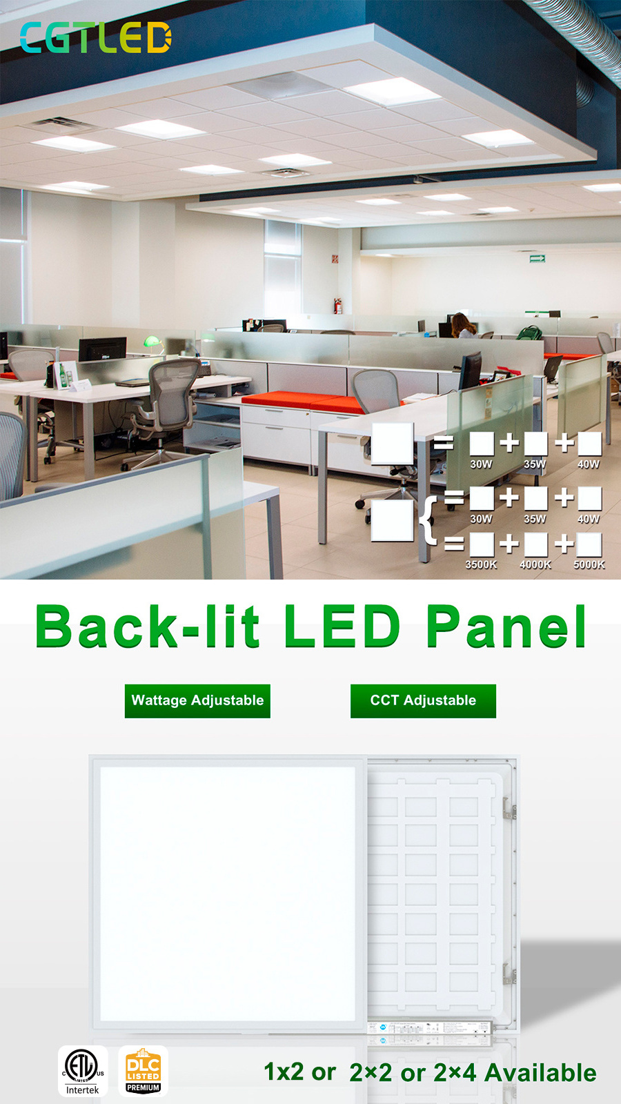 1x4 2x2 2x4 50W 40W 30W 25W 120lm/w 0-10V Dim ETL DLC Led Back Lit Panel Light Ceiling Light for Indoor Office Room