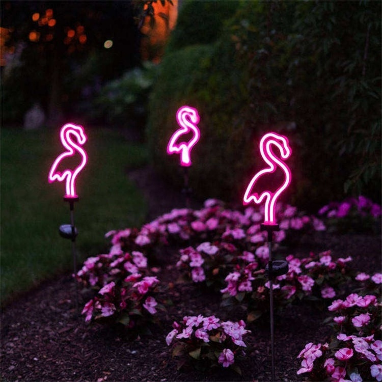 LED Pink Flamingo Outdoor Waterproof Solar Neon Stake Light Flamingo Neon Lawn Lamp Garden Pathway Decorative Stake Lights