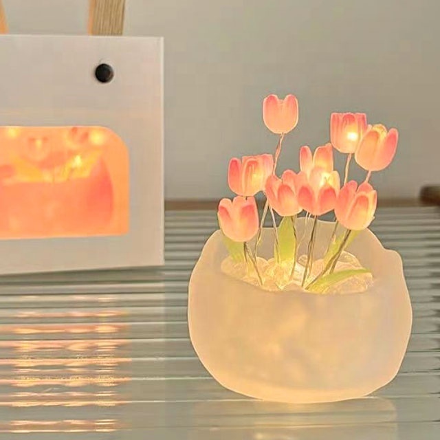 LED Pink Tulip DIY Night Light Romantic Tulip Pumpkin Cup Lights Creative Lamp Indoor Decoration