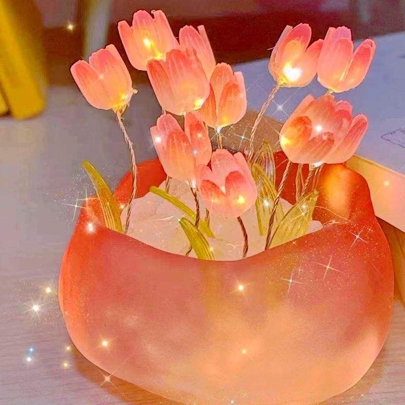 LED Pink Tulip DIY Night Light Romantic Tulip Pumpkin Cup Lights Creative Lamp Indoor Decoration