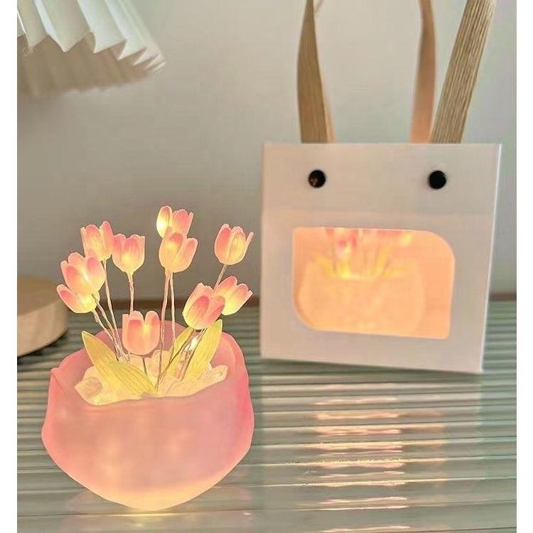 LED Pink Tulip DIY Night Light Romantic Tulip Pumpkin Cup Lights Creative Lamp Indoor Decoration