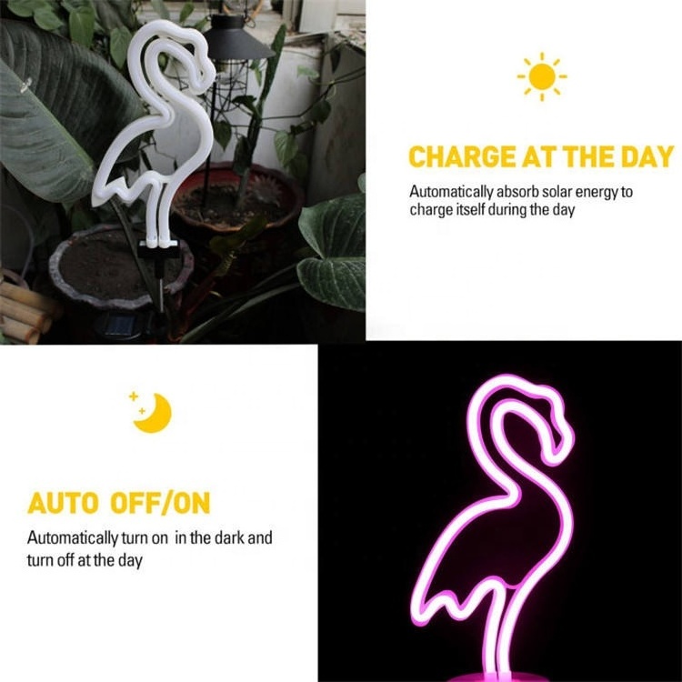 LED Pink Flamingo Outdoor Waterproof Solar Neon Stake Light Flamingo Neon Lawn Lamp Garden Pathway Decorative Stake Lights