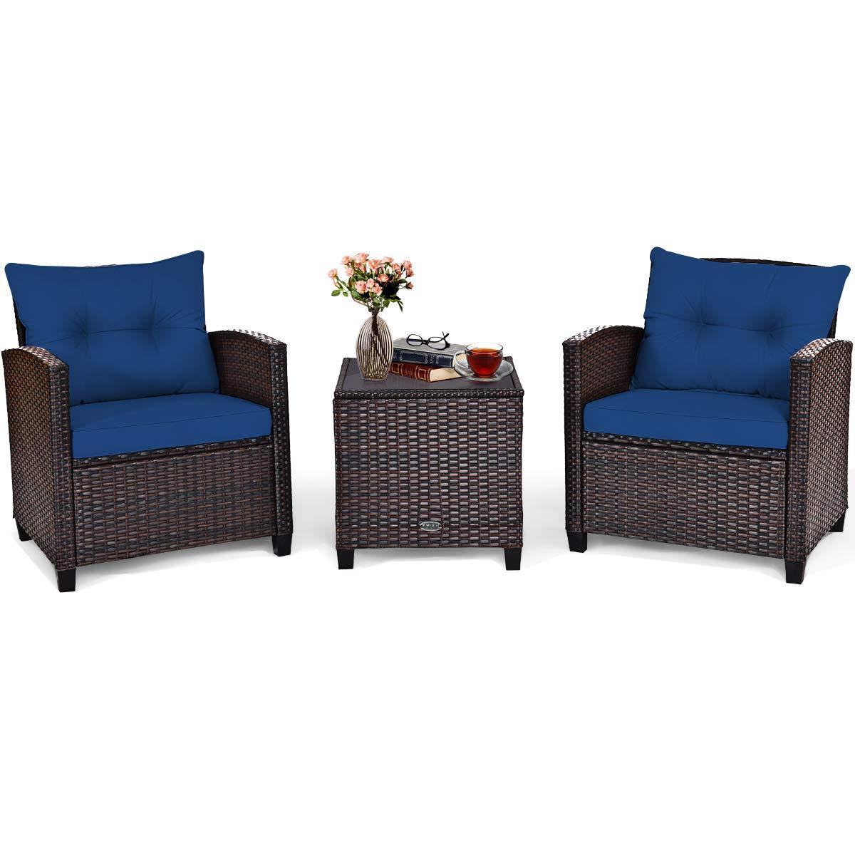 3 Pieces Patio Furniture Set, PE Rattan Wicker 3 Pcs Outdoor Sofa Set Washable Cushion and Tempered Glass Tabletop