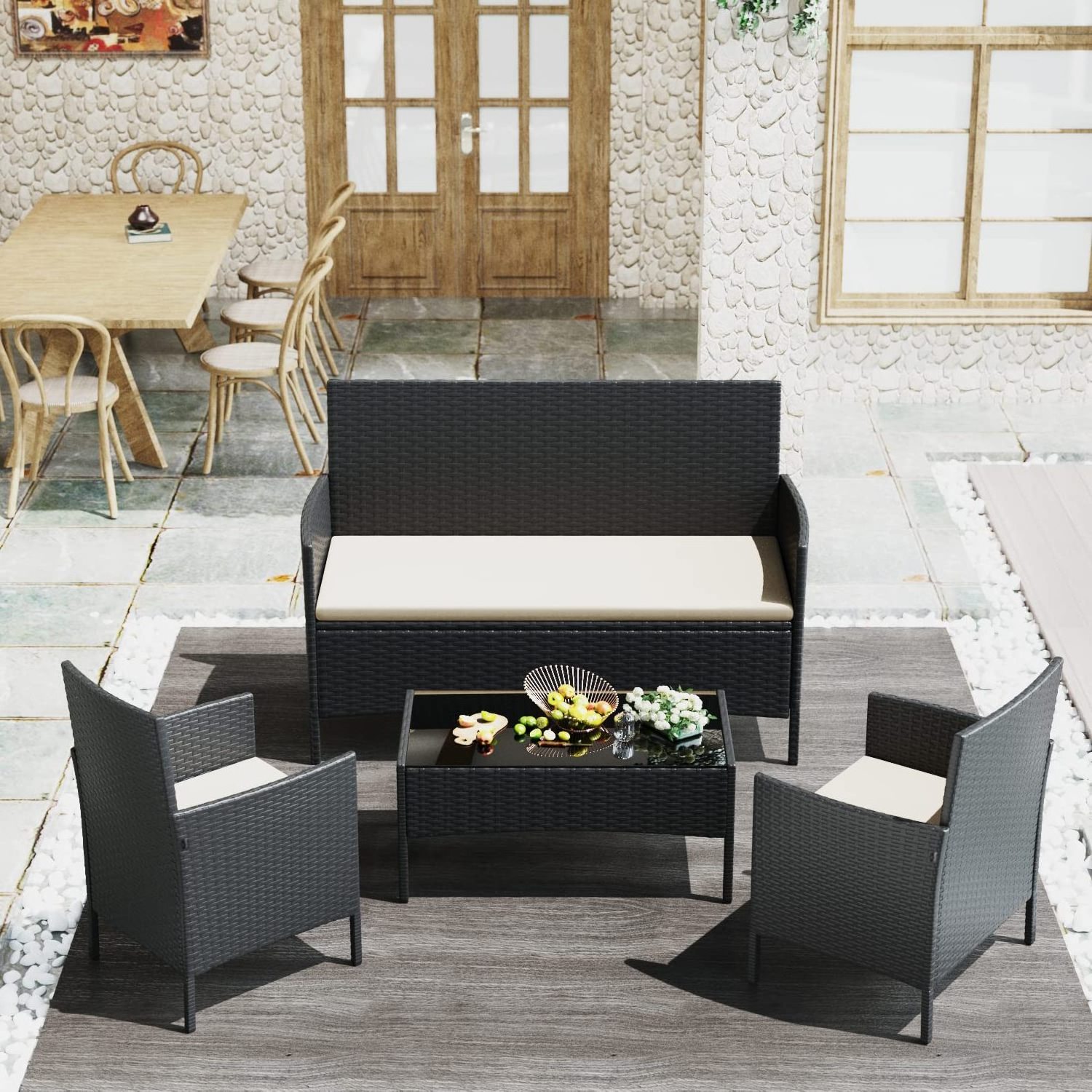 Patio Furniture 4 Pieces Conversation Sets Outdoor Wicker Rattan Chairs