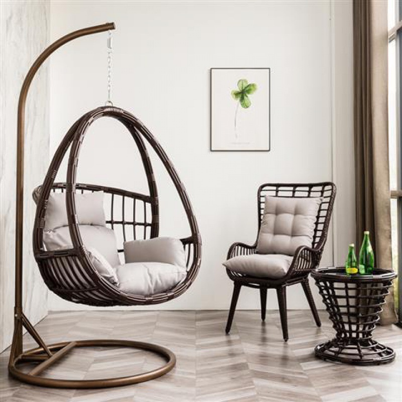 rattan furniture balcony patio swing chair set with round table and arm chairs