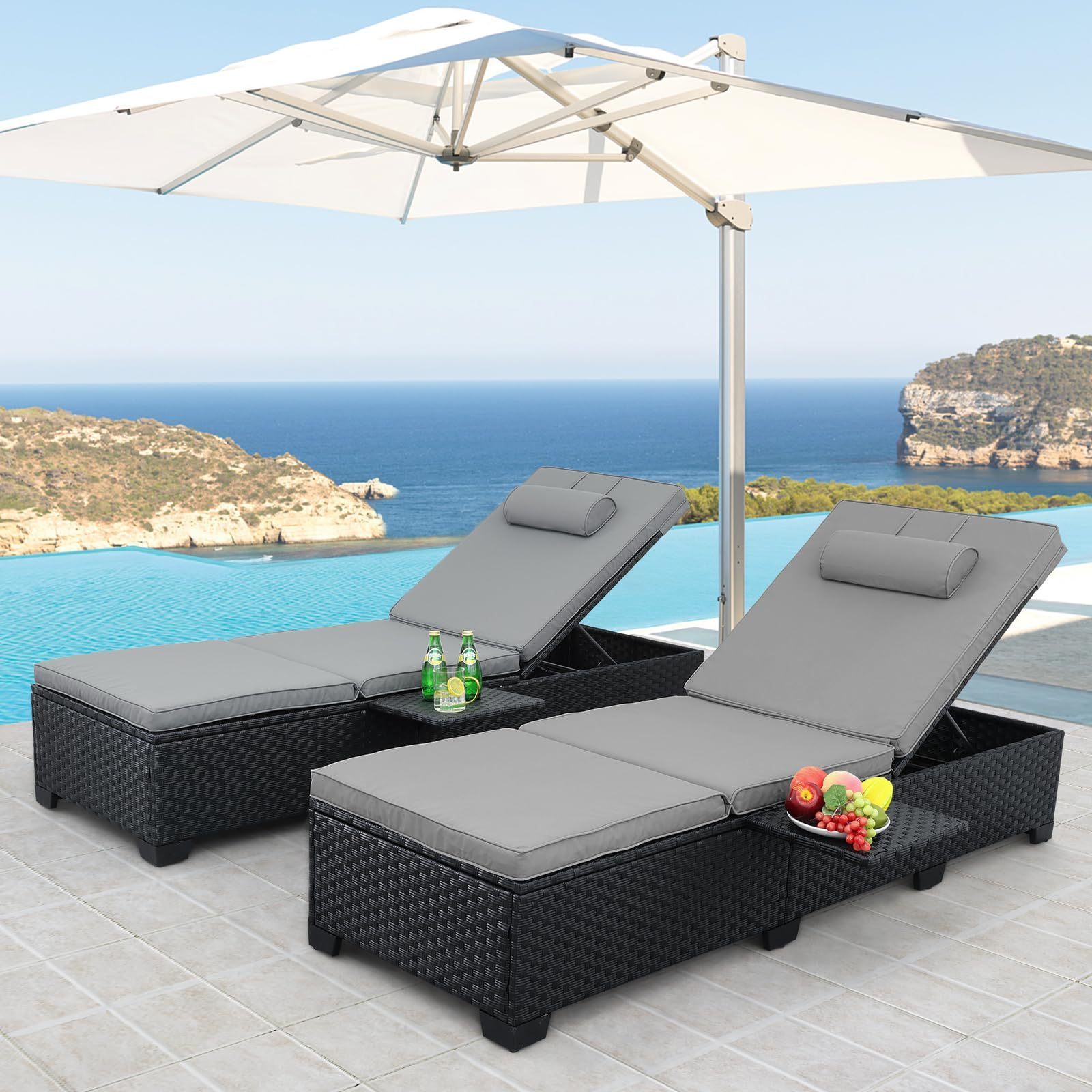 Outdoor Chaise Lounge Chairs Set of 2  Rattan Pool Reclining Chair Adjustable Backrest Sunbathing  Recliners with Cushion