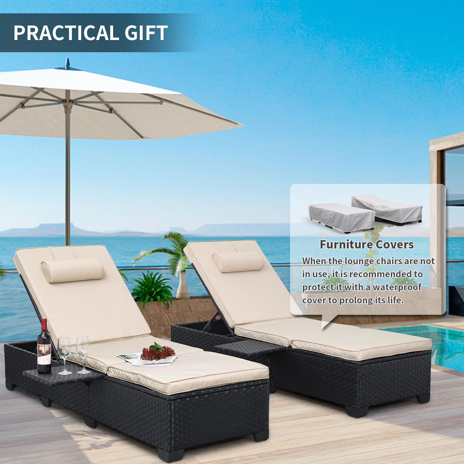 Outdoor Chaise Lounge Chairs Set of 2  Rattan Pool Reclining Chair Adjustable Backrest Sunbathing  Recliners with Cushion