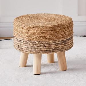 Luxury Space Saving Handmade Rattan Cover Round Stool Footrest Footstool Ottoman With Wooden Leg For Living Room