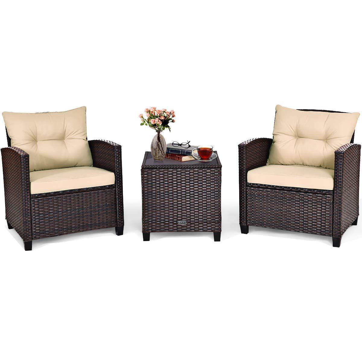 3 Pieces Patio Furniture Set, PE Rattan Wicker 3 Pcs Outdoor Sofa Set Washable Cushion and Tempered Glass Tabletop