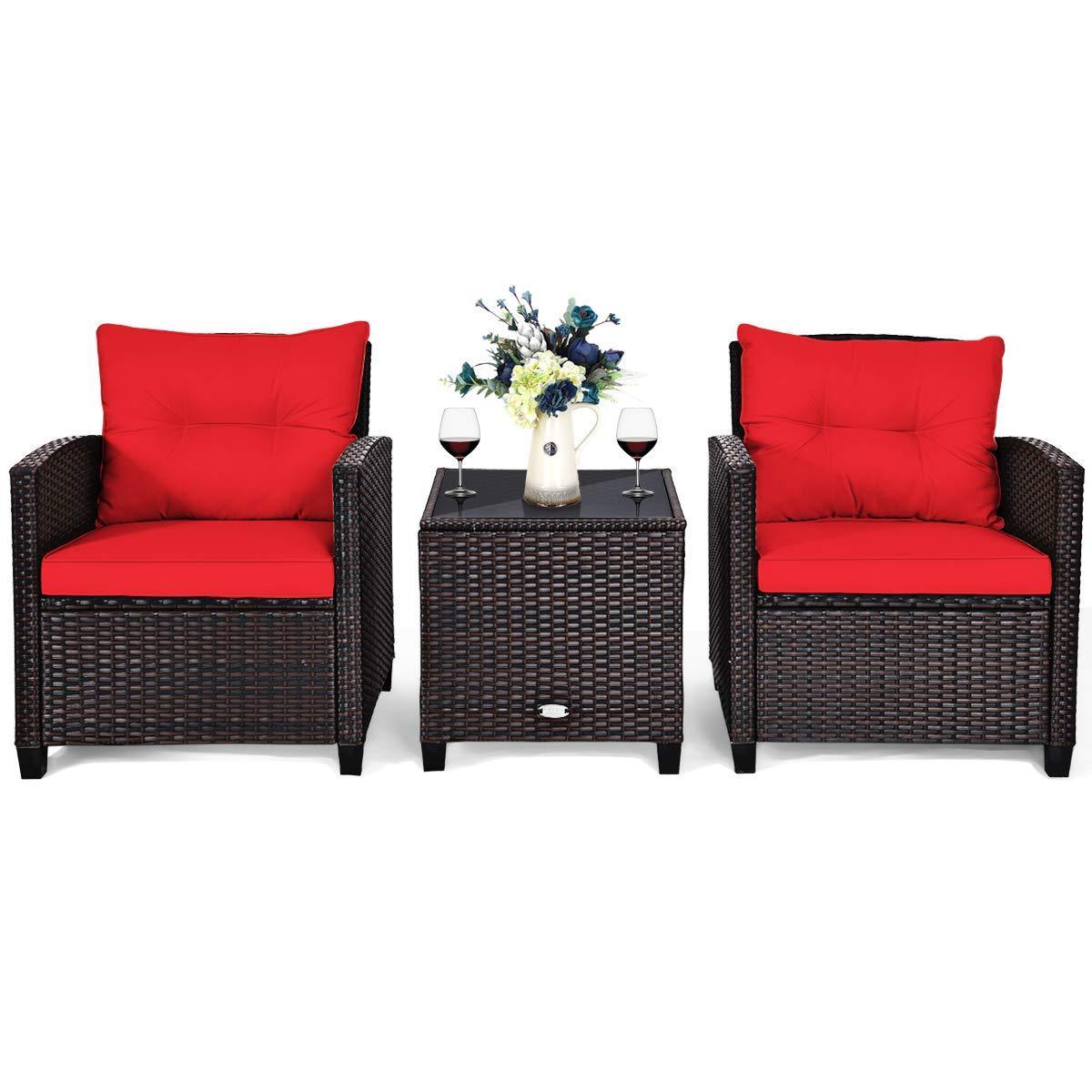 3 Pieces Patio Furniture Set, PE Rattan Wicker 3 Pcs Outdoor Sofa Set Washable Cushion and Tempered Glass Tabletop