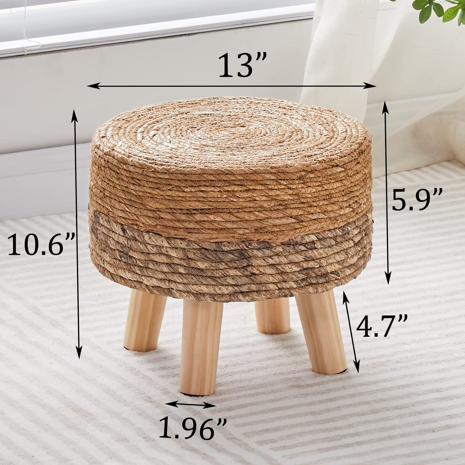 Luxury Space Saving Handmade Rattan Cover Round Stool Footrest Footstool Ottoman With Wooden Leg For Living Room