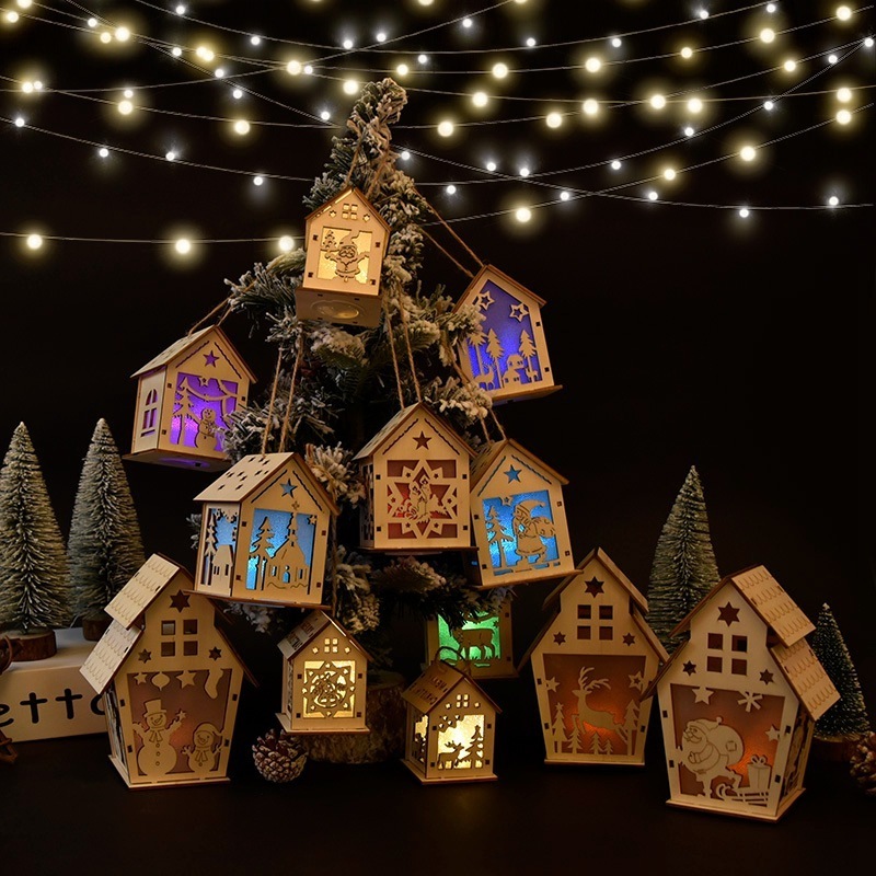 DIY Christmas Gifts Tree Hanging Crafts Glow Luminous Wooden House Ornaments Holiday Lighting Xmas Christmas Decorations