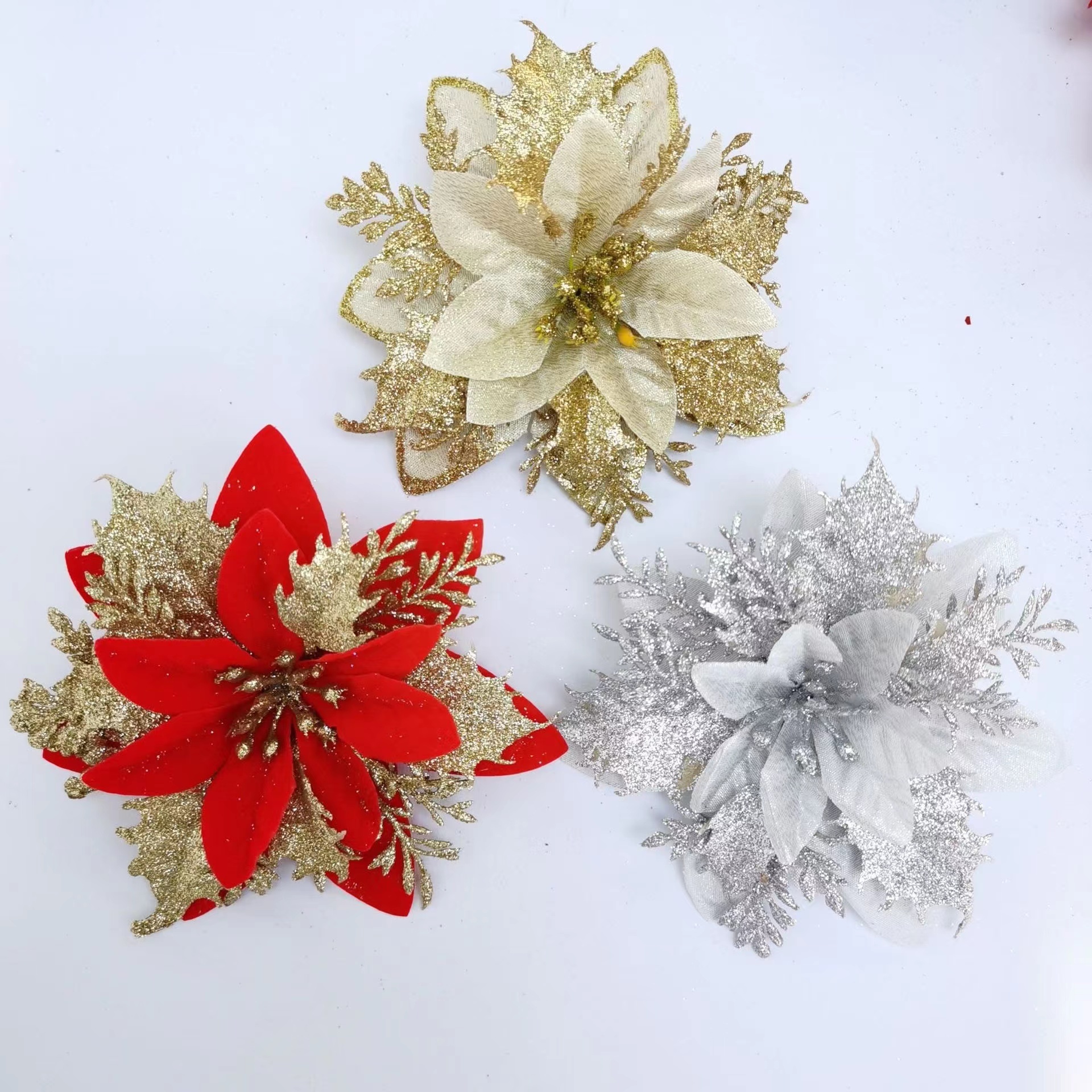 In stock wholesale Christmas decoration glitter flower ornaments for Christmas tree Christmas wreath decoration